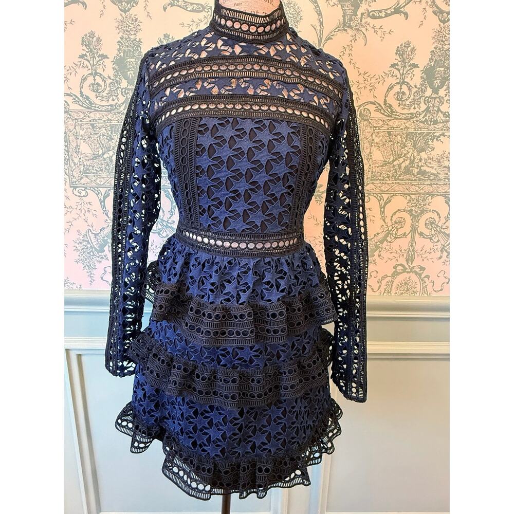 Self-Portrait Star Guipure Lace High Neck Tiered Mini Dress Navy Blue US 8 UK12⁠